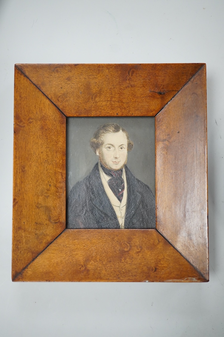 Three early to mid 19th century Portrait miniatures comprising: One of a lady, Maria Spencer, and two portraits of gentlemen, one depicting Mr John Child of Surrey, watercolours on card, largest, 9 x 8cm, each framed